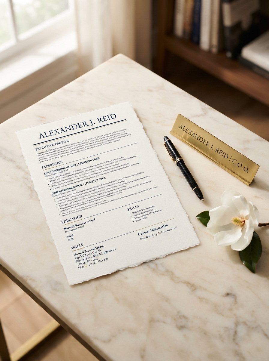 Premium executive resume document on cream marble with fountain pen and brass nameplate