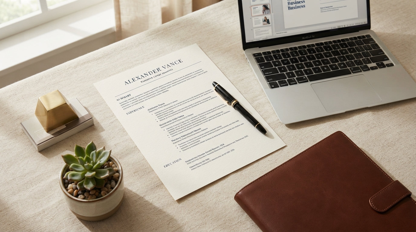 Premium executive resume document on cream linen with silver laptop, fountain pen, and leather portfolio — editorial composition